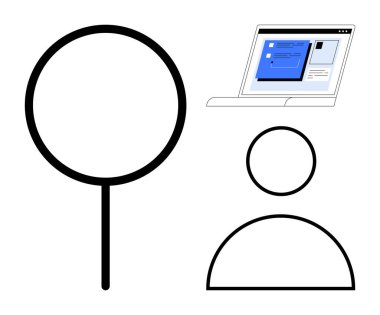 Büyüteç, kullanıcı profili simgesi ve bilgisayar ekranı çevrimiçi arama, araştırma ve araştırma anlamına gelir. Analiz, askere alma, izleme, ağ kimlik doğrulaması veya çevrimiçi için ideal