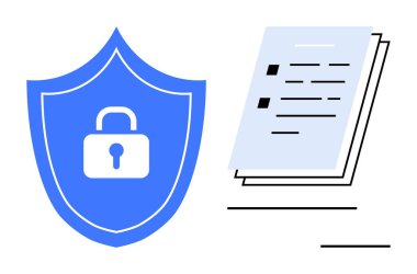 Koruma, gizlilik ve erişim kontrolünü temsil eden ayarlanmış belgelerin yanında mavi bir kalkan var. Veri güvenliği, siber güvenlik, bilgi yönetimi ve güvenlik protokolleri için ideal. Basit.