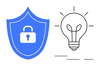 Kilit sembollü mavi bir kalkan ve parlayan bir ampul. Güvenlik, yaratıcılık, yenilik, koruma, fikri mülkiyet, siber güvenlik ve güven için idealdir. Basit düz metafor