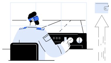 Pilot kokpitte navigasyon ekranı olan kontrolleri ve tuşları kullanıyor. Cüzdan ve yukarı doğru ok ilerlemeyi, büyümeyi ve finansal navigasyonu gösteriyor. Liderlik için ideal, başarı, strateji, havacılık