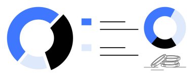 Mavi ve siyah segmentli turta grafikleri ve yanında metin tutucuları, küçük bozuk para yığını. Finans, analitik, istatistik, raporlama, yatırım, veri içgörüleri bütçeleme için idealdir. Basit düz metafor