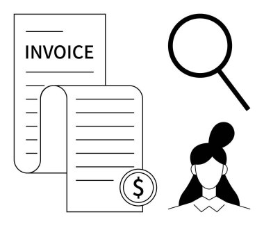 Fatura etiketli belge, büyüteç, dolar sembolü ve kadın simgesi. Finans, muhasebe, ödeme takibi, şeffaflık denetleme vergi yönetimi kavramları için idealdir. Basit düz metafor