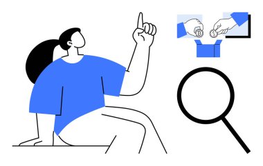 Kadın bir büyüteçin yanına işaret ediyor, cüzdana şifreli para teslim ediyor. Engelleme zinciri, dijital para birimi, finans, analiz, araştırma, teknoloji yatırım temaları için ideal. Basit.