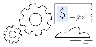 İmzalayan fatura ve bulut elementinin yanında birbirine kenetlenmiş vitesler. Finans, otomasyon, bulut çözümleri, iş operasyonları, dijital dönüşüm, verimlilik ve iş akışı optimizasyonu için ideal