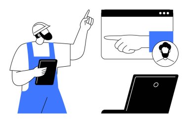 Kullanıcı profili ve dizüstü bilgisayarı ile çevrimiçi arayüzü gösteren tabletli inşaat işçisi. Eğitim, uzaktan çalışma, dijital işbirliği, çevrimiçi iletişim, teknoloji benimsenmesi ve kullanıcı için ideal