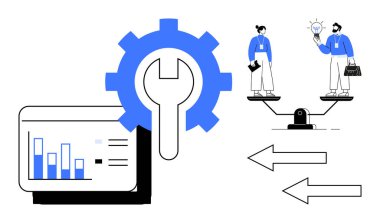 Analitik torpido gözünde ingiliz anahtarı, denge aletinde iki profesyonel, hizayı gösteren oklar. Takım çalışması, strateji, yenilik, eşitlik, araçlar, karar verme biçimi metaforu için ideal