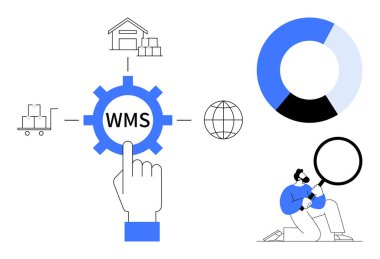 Depo yönetimi ekipmanları, WMS metni, veri pasta grafiği, dünya ve büyüteçle analiz eden işçiler. Lojistik, envanter, teknoloji, tedarik zinciri, verimlilik veri analizi için ideal