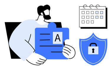 A harfi ile yapboz parçası tutan adam, kilit sembollü kalkan simgesi ve planlama, güvenlik, işbirliği, organizasyon, veri koruması, görev yönetimi temsil eden bir takvim simgesi