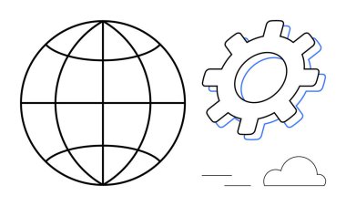 Küresel sosyal yardımı temsil eden küre, teknoloji ve sistemleri sembolize eden teçhizat, bağlantı ve çevrimiçi ağlar için bulut. Teknoloji, küreselleşme, yenilik, ağ oluşturma, bulut hesaplama için ideal