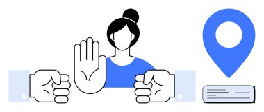 Kadın, iki yumruk arasındaki çekişme çözümü, sınırları ve pazarlığı temsil eden bir jest için elini kaldırır. Çatışma yönetimi, sınırlar, liderlik, kendini kontrol, takım çalışması için ideal