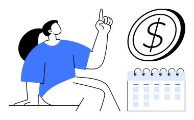 Takvimin yanında büyük bir madeni para simgesine işaret eden kişi. Bütçe yönetimi, kişisel finans, mali planlama, tasarruf, gelir takibi, yatırımlar, ekonomik farkındalık, basit