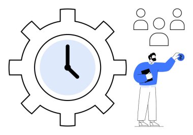 Vites içindeki büyük saat verimliliği temsil ediyor. Elinde defter ve para tutan adam işyeri verimliliğini sembolize ediyor. Takım çalışması, zaman optimizasyonu, iş, işbirliği ve organizasyon için ideal