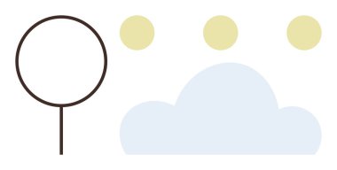 Açık mavi bir bulutun yanında tek çizgili ağaç, üç sarı dairesel şekille işaretlenmiş. Doğa, büyüme, basitlik, çevre, yaratıcılık, farkındalık minimalizmi için idealdir. Basit bir daire.