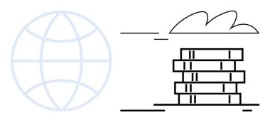 Küre ana hatları ve istiflenmiş sunucular bir bulut altı veri depolama, bağlantı ve bulut hesaplama altında. Teknoloji, internet, veri yönetimi, bulut çözümleri, ağ oluşturma ve dijital için ideal