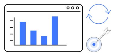 Tarayıcı penceresinin içindeki çubuk çizelgesi, oklu bisiklet okları, hedef. Analiz, strateji, ilerleme, hedef belirleme, performans izleme optimizasyonu takım çalışması için idealdir. Basit düz metafor