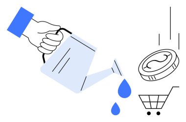 El ele tutuşup, bozuk para ile alışveriş arabasına su damlatarak. Konseptler için ideal yatırım, büyüme, tasarruf, ekonomi, ticaret, finans veya geri dönüşler. Basit düz metafor