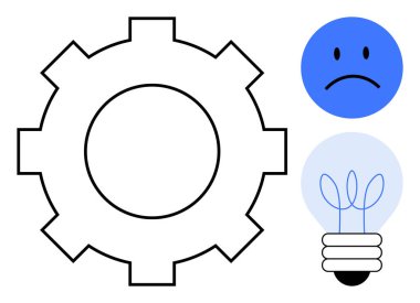 Büyük vites, üzgün mavi yüz ve ampul problem çözmeyi, zorlukları ve yaratıcı düşünmeyi sembolize eder. Mühendislik, hata analizi, beyin fırtınası, yenilikçilik verimlilik eğitimi için ideal