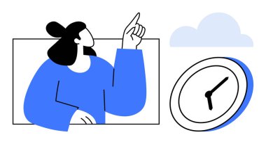 Yaratıcılık, zaman yönetimi, hedef belirleme, planlama, üretkenlik, beyin fırtınası konularını vurgulayan kişi yakınlarda, yukarı, bulutlara ve saate işaret ediyor. Kavramsal iletişim için ideal. Basit.