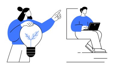 Kadın elinde ağaç dizaynlı bir ampul tutarken erkekler dizüstü bilgisayarla çalışırken ileri doğru işaret ediyor. Takım çalışması, yenilik, yaratıcılık, beyin fırtınası, teknoloji, liderlik verimliliği için ideal