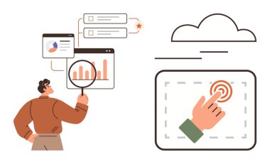 Bulut ve dokunma arayüzü ile etkileşim halindeyken ekrandaki analizleri büyüteçle inceleyen adam. Veri analizi, teknoloji, bulut hesaplama, dijital pazarlama, araştırma, kullanıcı için ideal