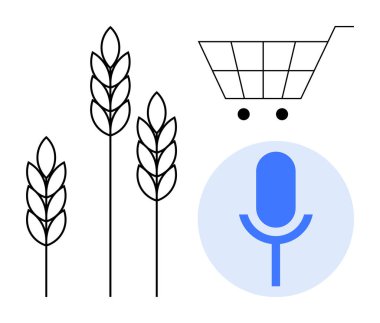 Mikrofon, buğday sapları ve sesli alışveriş, tarım, sürdürülebilirlik ve teknolojiyi görselleştiren alışveriş arabası. Gıda tedariği, çevrimiçi ticaret, tarım yeniliği perakende satış için ideal