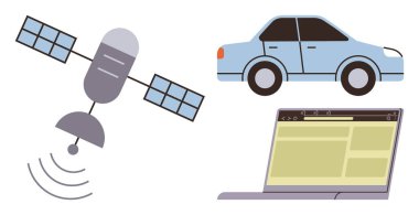 Uydu bir araba ve dizüstü bilgisayara sinyaller gönderiyor, iletişimi, navigasyonu, teknolojiyi ve bağlantıyı temsil ediyor. Telekomünikasyon, GPS, IOT, taşınabilirlik yenilik veri paylaşımı için ideal