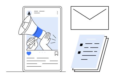 Terfi için cep telefonu, iletişim için e-posta zarfı, paylaşmak için belgeler. Pazarlama, reklam, sosyal medya, iletişim, çevrimiçi işbirliği, içerik için ideal