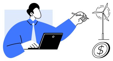 Rüzgâr türbini ve madeni parayı gösteren dizüstü bilgisayarla çalışan kişi sürdürülebilir enerji, finansal yatırım ve yeniliği temsil ediyor. Teknoloji, verimlilik, ticaret, sürdürülebilirlik ve çevre için ideal