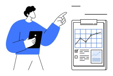 Panoya finansal büyüme çizelgesiyle bakan ve tableti tutan kişi. Veri analizi, iş stratejisi, mali inceleme, sunum, eğitim, üretkenlik için ideal, basit düz metafor