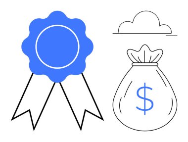 Bulutun yanında dolar işareti olan mavi kurdele ve para çantası. Başarı, başarı, ödül, finans, çevrimiçi depolama, kalite, motivasyon için ideal. Basit bir düz metafor.