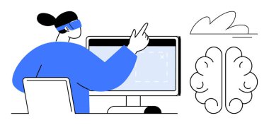 VR kulaklık takan kişi işaret ederken bilgisayar ekranı ile etkileşime giriyor, zeka için beyin hatları dışında. Teknoloji, yenilik, eğitim, nörobilim, sanal gerçeklik, yaratıcılık için ideal