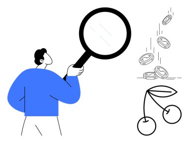 Detayları büyüteçle inceleyen adam, maddi kazançları simgeleyen madeni paralar ve büyüme için kirazlar. Araştırma, analiz, finans, başarı, fırsatlar, sorun çözen basit bir daire için ideal