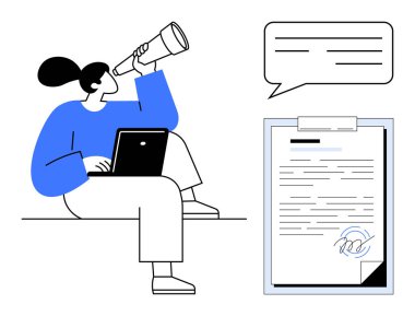 Dizüstü bilgisayarlı bir kadın, teleskopla bakıyor, konuşma baloncuğu yapıyor ve yanında imzalı bir belge var. Görüşler, keşifler, araştırmalar, planlama ve sözleşmeler için idealdir. İletişim basit.