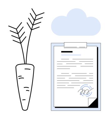 Havuç panonun yanında bir bulutun altında imzalı belge. Tarım, sözleşmeler, sürdürülebilirlik, ekoloji, anlaşmalar, dijital dönüşüm için ideal, basit düz metafor