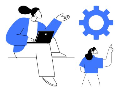 Büyük bir aletin yanında dizüstü bilgisayarda çalışan biri. İkinci kişi de onu işaret ediyor. Takım çalışması, teknoloji, süreç, işbirliği, yenilik, üretkenlik, fikirler için ideal basit düz metafor