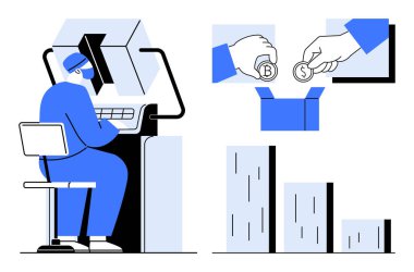 Bilgisayarda çalışan bir adam, kutuya düşen bozuk paralar ve büyüyen bar grafiği. Finans, teknoloji, kripto para birimi, yatırımlar, iş büyümesi verimliliği ve otomasyon için idealdir. Basit.