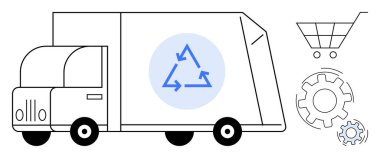 Geri dönüşüm sembollü teslimat kamyonu, alışveriş arabası ve çevre dostu taşımayı vurgulayan ikon. Sürdürülebilirlik, lojistik, ekommerce, yenilik, geri dönüşüm, yeşil teknoloji için ideal