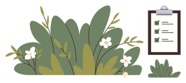 Yeşil yapraklı çalılar ve tamamlanmış listeyle birlikte beyaz çiçekler. Sürdürülebilirlik, ekoloji, planlama, çevre, hedefler, minimalizm ve refah kavramları için idealdir. Basit.