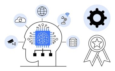 Entegre yapay zeka çipine sahip insan beyni bulut depolama, ağ oluşturma, otomasyon, izleme ve veri yönetimi ikonları ile çevrilidir. Yapay zeka yeniliği, teknoloji, makine öğrenimi, otomasyon için ideal