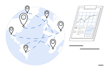 Yerleri saptanmış ve bağlantı hatları kesilmiş bir dünya, veri tablolarının olduğu bir panonun yanında. Lojistik, analitik, küresel ağlar, performans, iş planlaması, ilerleme takibi için ideal