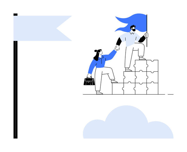 Два профессионала сотрудничают, взбираясь по головоломкам с флагом, символизирующим успех. Идеально подходит для командной работы, лидерства, постановки целей, партнерства, наставничества, стратегии и достижений. Простая квартира