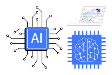 Mavi yapay zeka mikroçipi devre hatlarına, beyin teknolojisi çipine ve grafikleri gösteren bir dizüstü bilgisayara bağlı. Yenilik için ideal, yapay zeka araştırması, teknoloji, veri analizi, dijital dönüşüm, makine