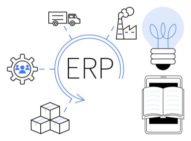 Ekipman, kamyon, fabrika, ampul, akıllı telefon ve kutularla merkezi ERP entegrasyonu. İş yönetimi, tedarik zinciri, otomasyon takım çalışması yenilik dijital araçlar süreci için ideal
