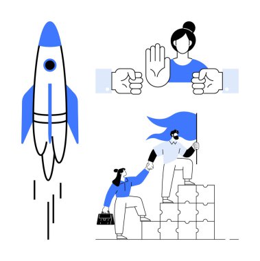 Roket fırlatma büyümeyi, tokalaşmayı ve sınır hareketini, hedeflere ulaşmak için işbirliği yapan iki kişiyi ve elinde bayrak tutan bir lideri simgeliyor. Takım çalışması, liderlik, büyüme için ideal