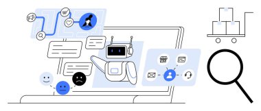 Chatbot mesajlarla, yapay zeka analizleriyle ve müşteri hizmetleri araçlarıyla etkileşime geçiyor. Büyüteç inceleniyor. Müşteri hizmetleri, yapay zeka, otomasyon, veri analizi, e-ticaret için ideal