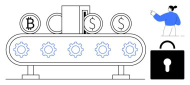 Bitcoin ve dolar bozukluklu taşıma bandı altında dişliler, güvenli kilit ve kadın işaret ediyor. Fintech, engelleme zinciri, güvenlik, otomasyon, dijital değişim yeniliği için ideal basit düz metafor