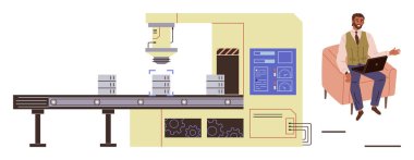 Fabrika robotu konveyör bandına eşyalar yerleştiriyor, profesyonel izleme süreci dizüstü bilgisayarla. Otomasyon, teknoloji, yenilik, üretim, iş akışı, verimlilik ve yönetim için ideal. Basit düz