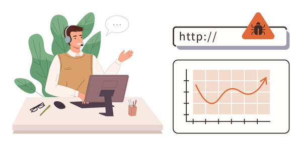 Customer service agent at desk with headset, addressing cybersecurity concerns. Error alert in web browser and rising analytics graph. Ideal for IT, support, communication, teamwork, data, online