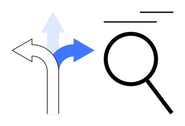 Mavi ve siyah yollara ayrılan üç yönlü ok büyüteçle eşleştirilmiş. Navigasyon, strateji, seçim, seçenekler, analiz, araştırma, keşif için ideal. Basit düz metafor