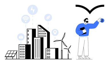 Güneş panelleri, rüzgar türbinleri ve tablet ve enerji sembolü tutan akıllı teknoloji ikonları olan şehir manzarası. Sürdürülebilirlik, yenilik, yeşil teknoloji, yenilenebilir enerji ve şehir için ideal